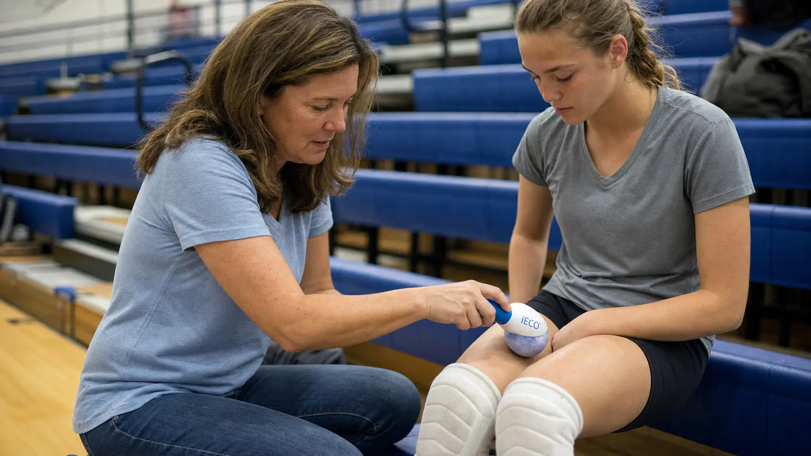 A hand rolling a small ice roller ball across a knee while sitting on gym bleachers between volleyball matches