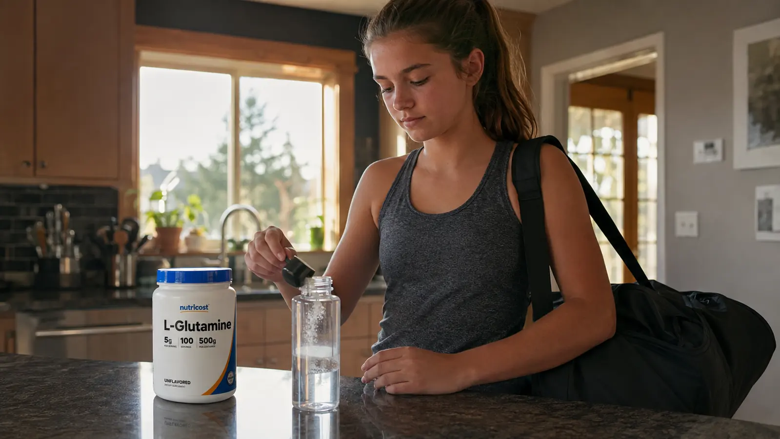 A teenage athlete stirring a scoop of unflavored powder into a water bottle before practice
