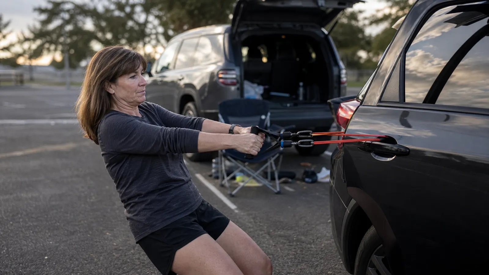 A resistance band with handles looped through a car door anchor in a parking lot next to a Honda Pilot with the hatch open