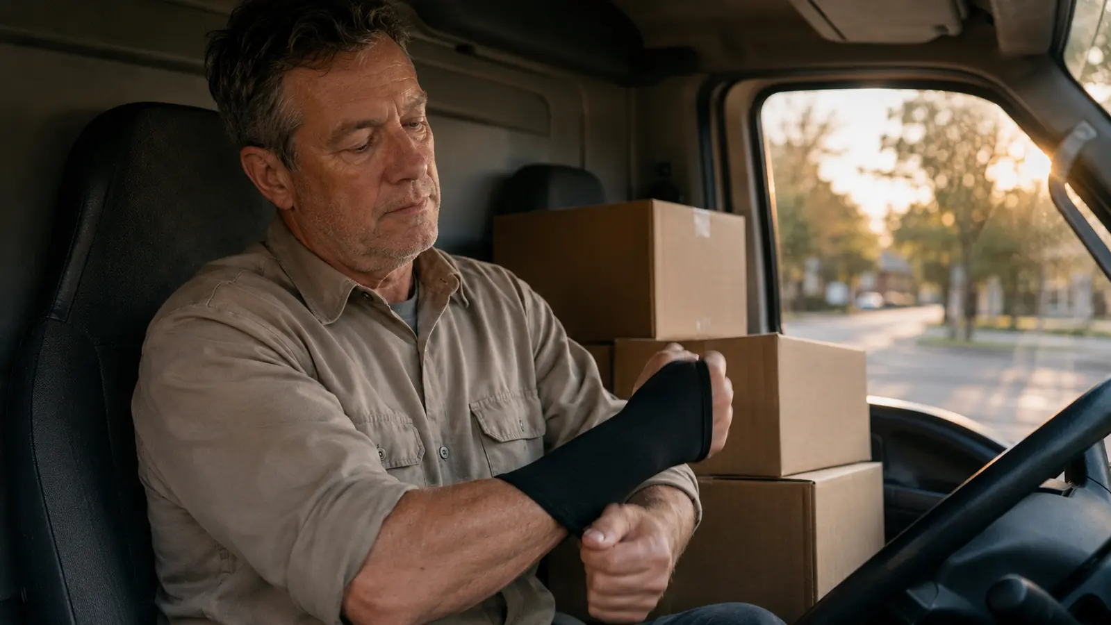 A man sliding a black wrist compression sleeve onto his hand before pulling on a work glove, delivery boxes stacked in a truck cab