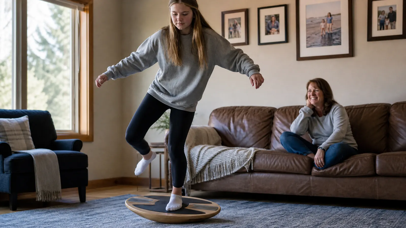 Teenage girl practicing single leg balance on a wooden rocker balance board in a living room