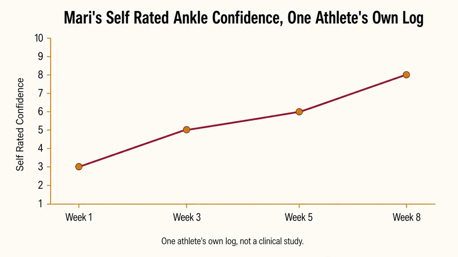 Simple line chart showing one athlete's self rated ankle confidence rising over eight weeks after a sprain