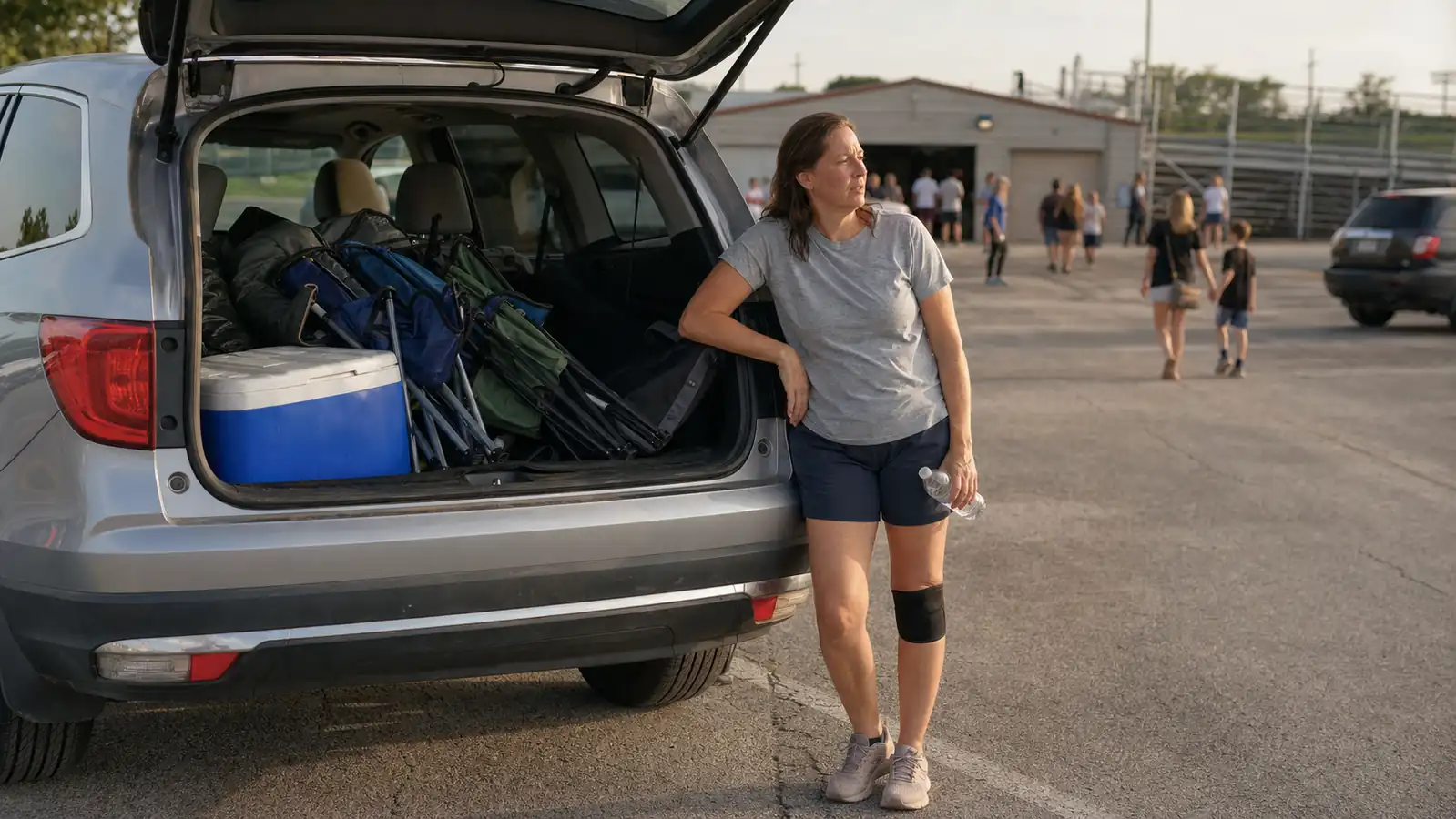A loaded Honda Pilot hatch with folding chairs and a cooler after a weekend tournament