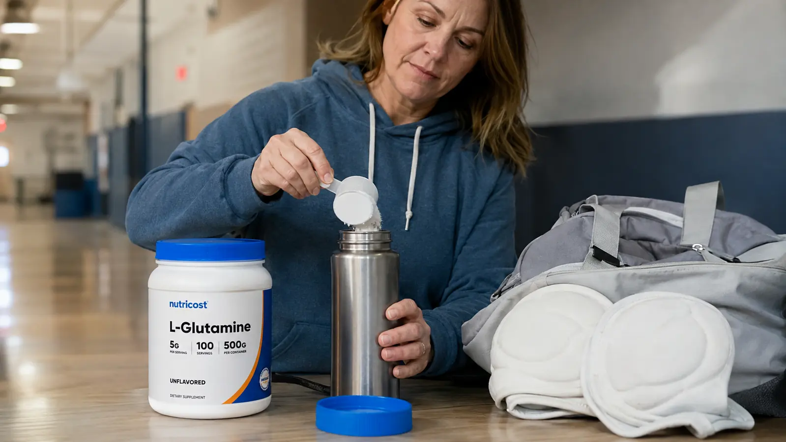 A hand using the included scoop to add glutamine powder into a stainless steel water bottle inside an open gym bag
