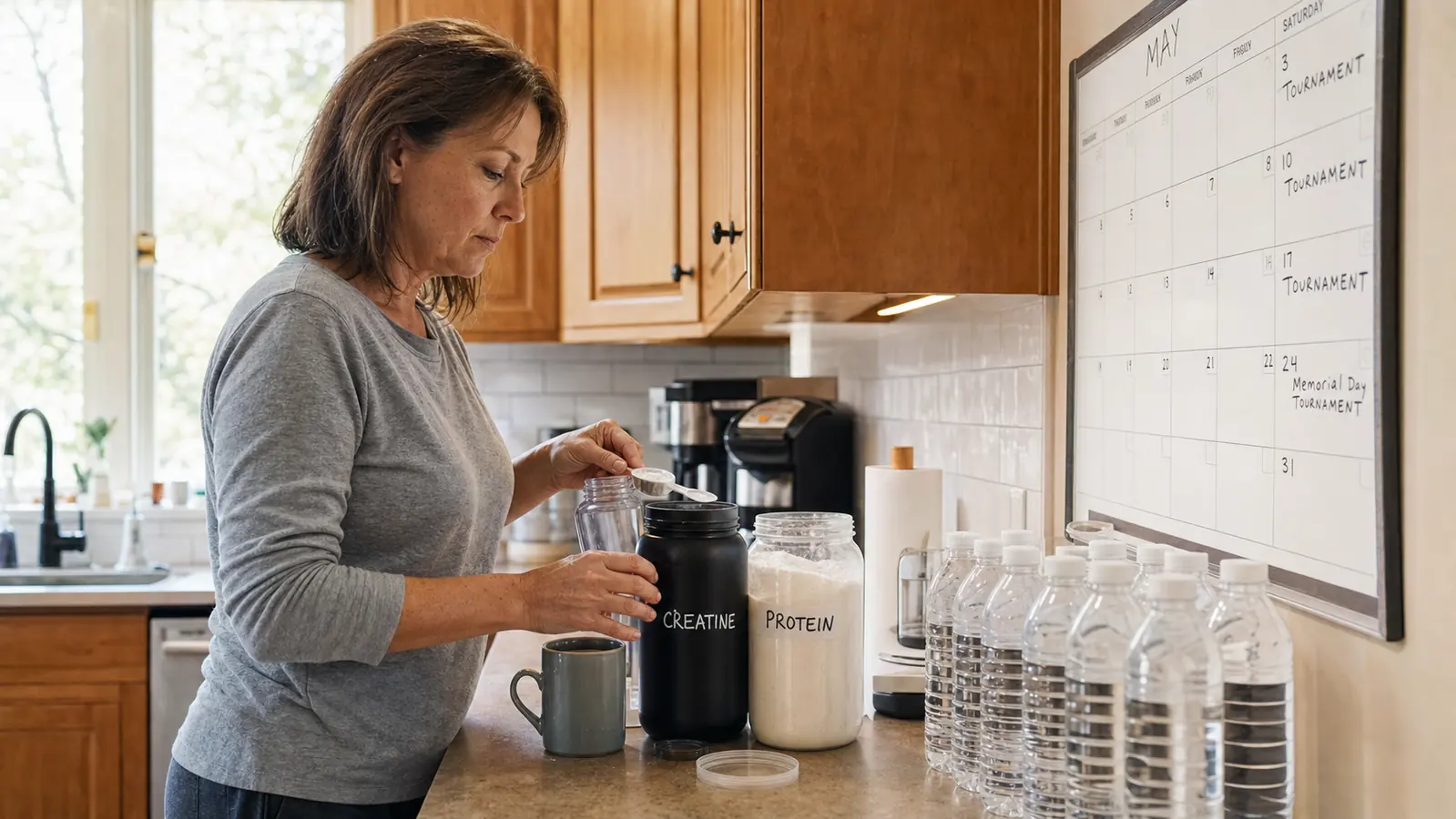A kitchen counter on a tournament morning with a supplement tub, a protein powder container, and water bottles lined up next to a mug of coffee