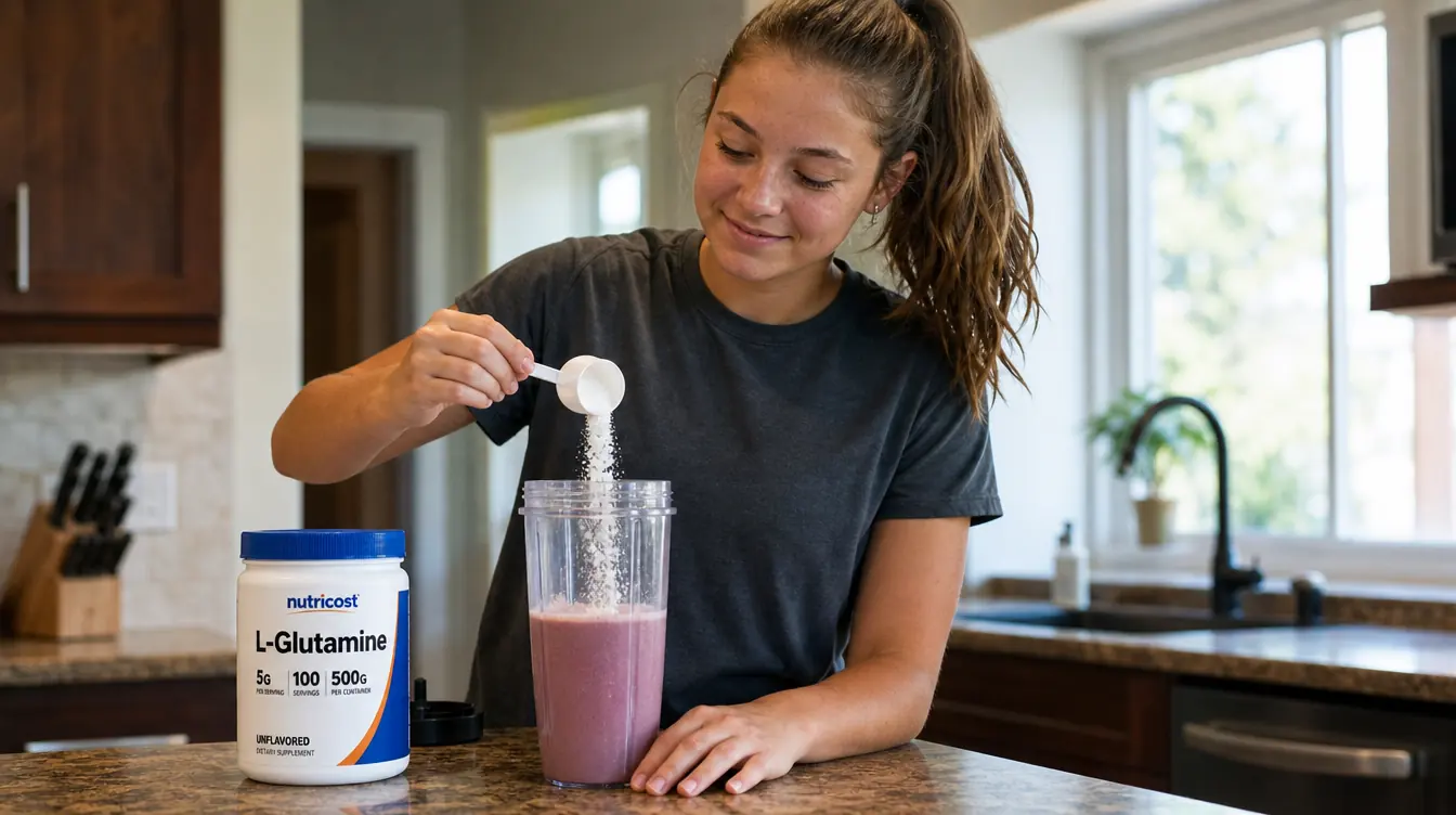 Teenage volleyball player at a kitchen counter stirring a scoop of unflavored powder into a smoothie before heading to a match