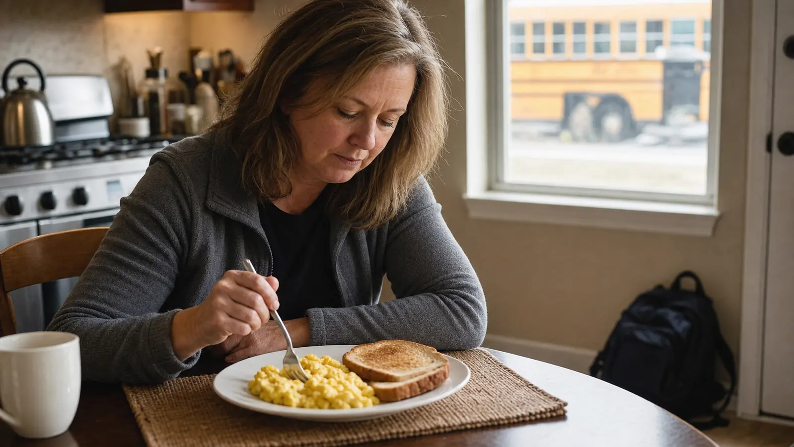A teenage boy in wrestling warmups eating a plate of eggs at a kitchen table early in the morning before school