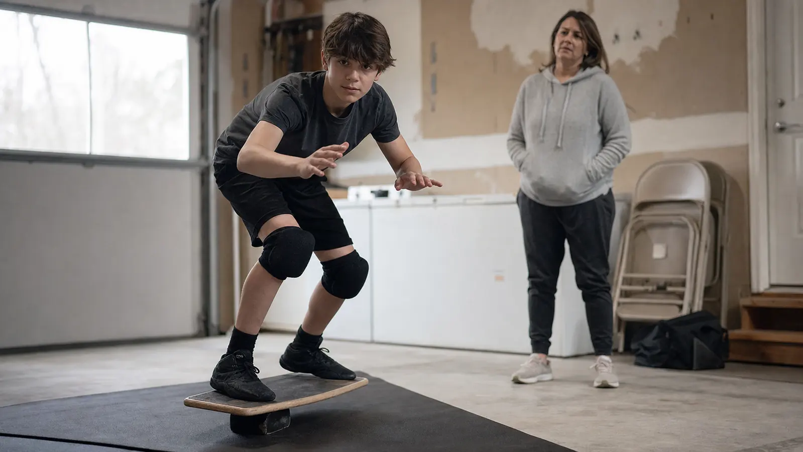 A young wrestler in a stance on a rocker balance board in a garage with weight equipment blurred in the background