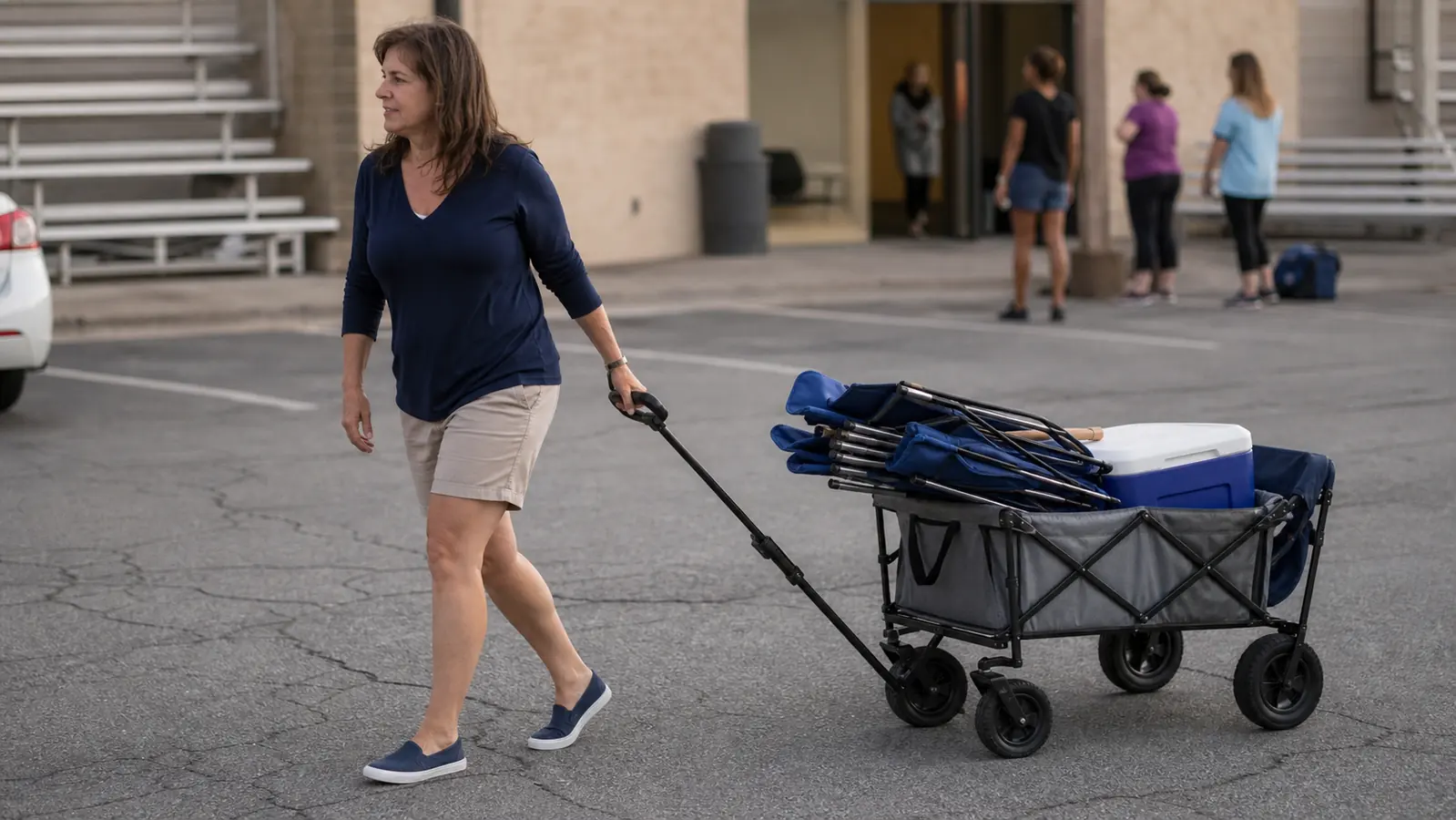 A folding wagon loaded with camp chairs and a cooler being pulled across a gym parking lot