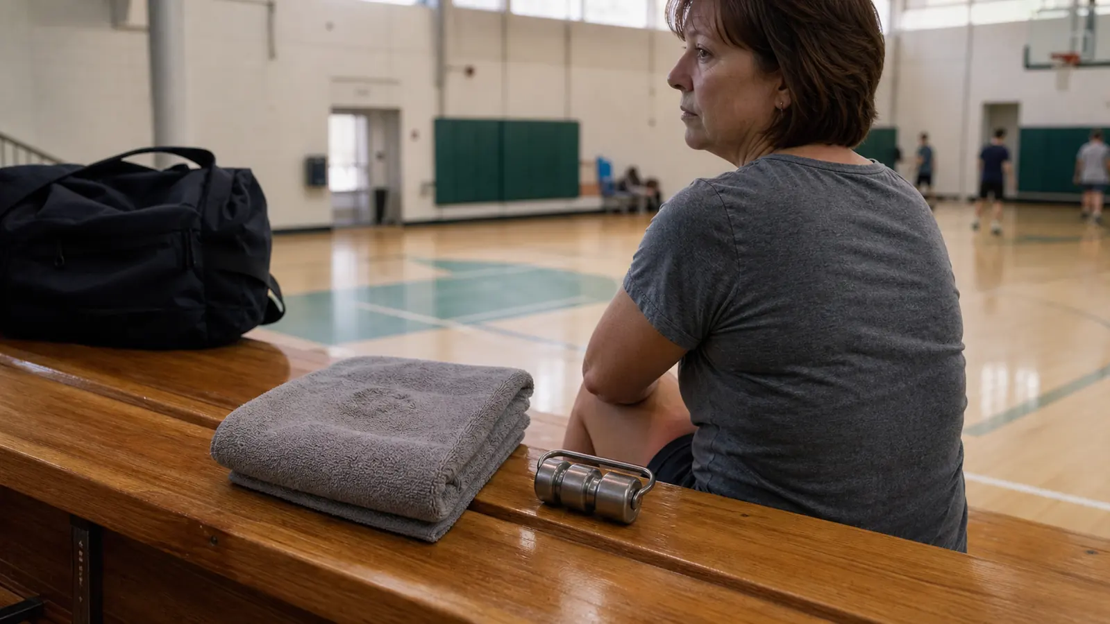 A damp hand towel folded under a small metal roller on a gym bleacher seat