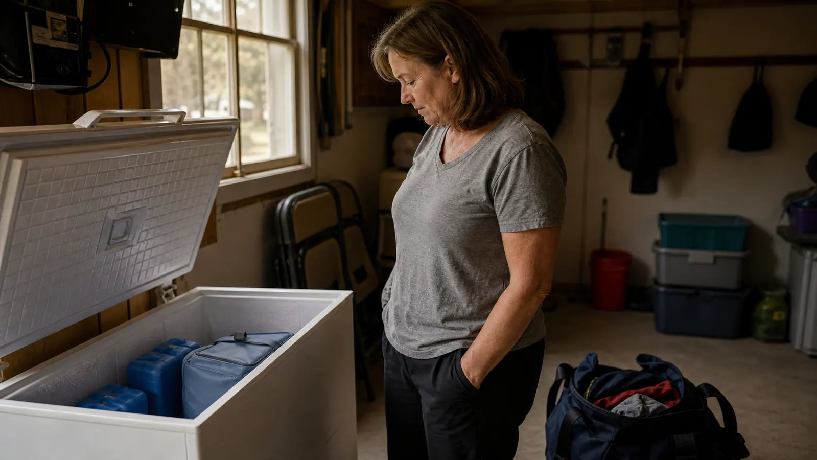 A garage chest freezer half full of ice packs and a small insulated bag holding a roller, next to folding chairs stacked for a tournament weekend