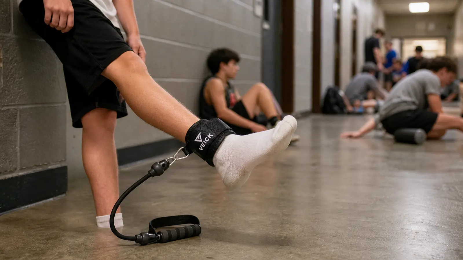 Teenage boy looping an ankle strap attached to a resistance band around his foot in a gym hallway before wrestling weigh ins