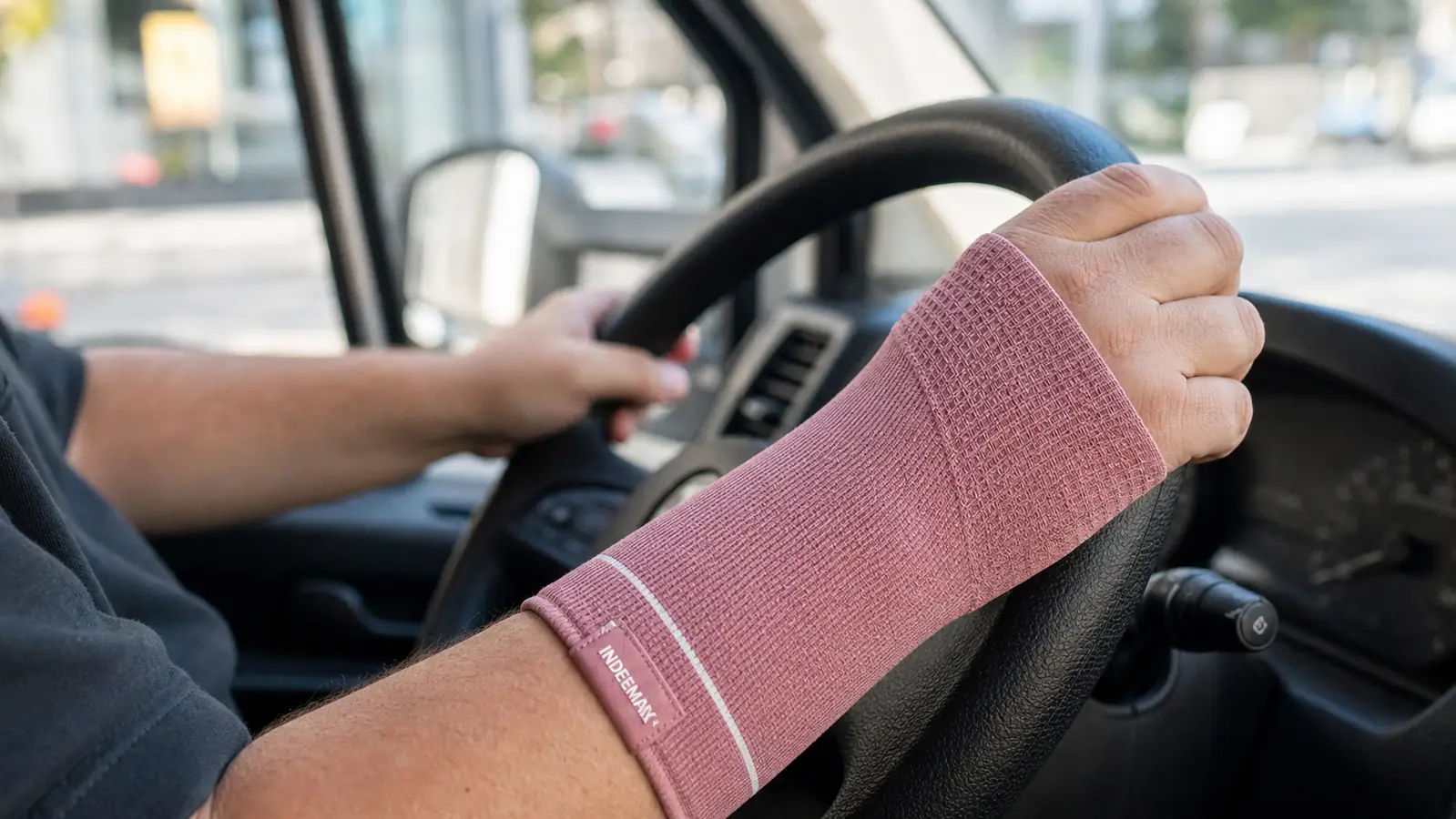 Man's hand wearing a copper toned wrist compression sleeve resting on a delivery truck steering wheel