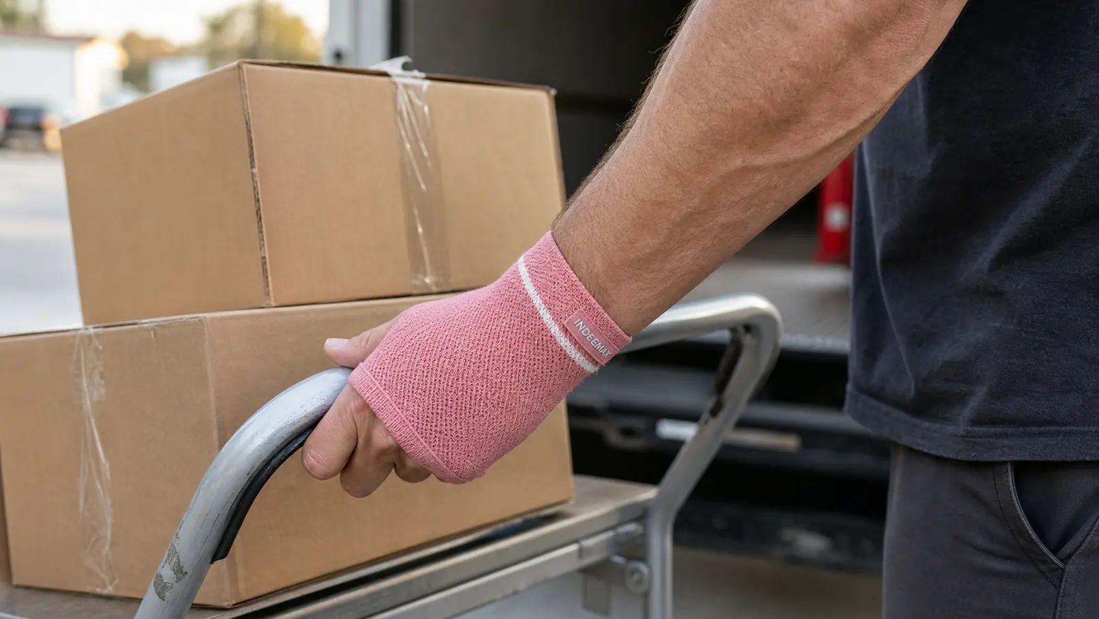A man's hand wearing a copper wrist compression sleeve while gripping a hand truck handle beside a delivery truck