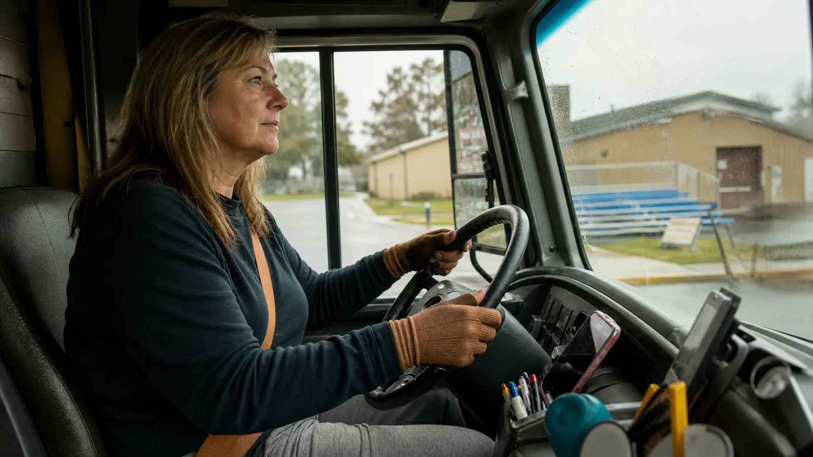 A man's hands wearing copper compression gloves gripping a steering wheel inside a delivery truck cab